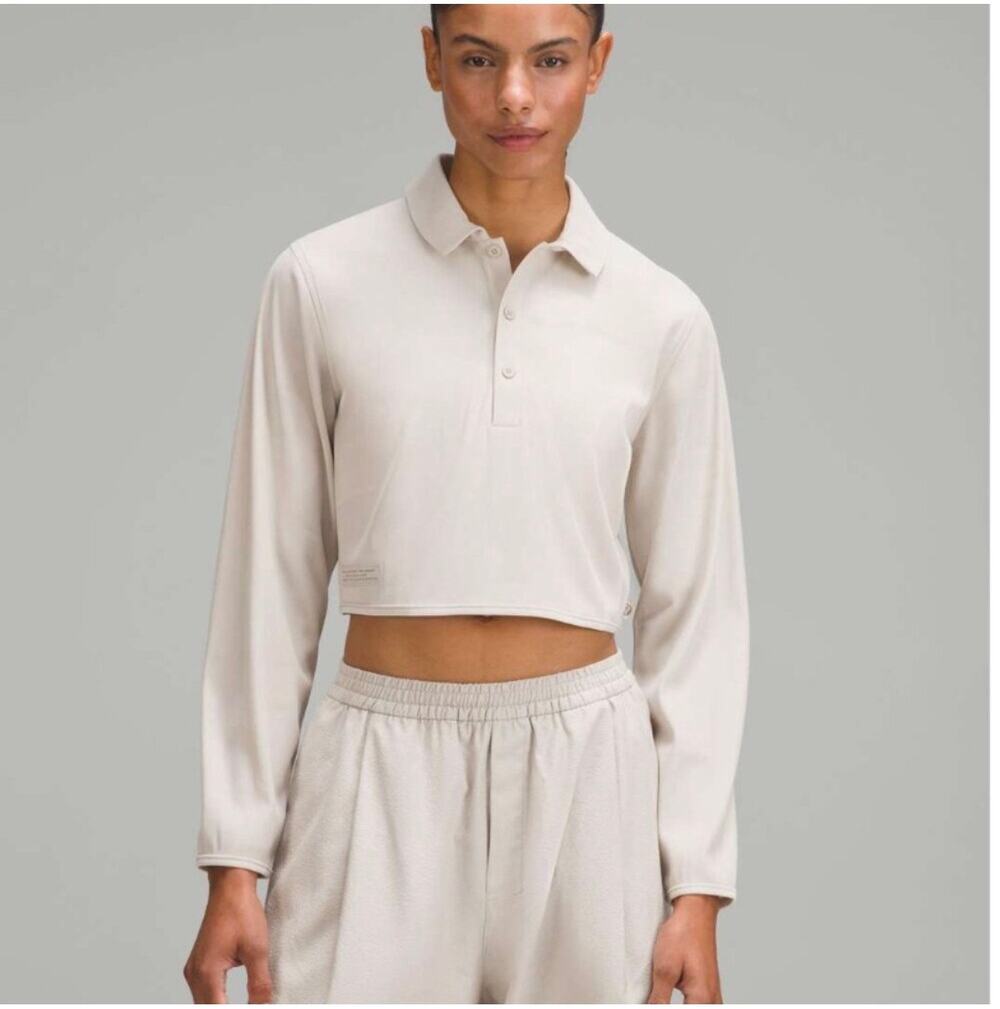 Lululemon Top Womens 14 Dove Grey Lab Cupro Polo Cropped Long Sleeve Sporty Golf